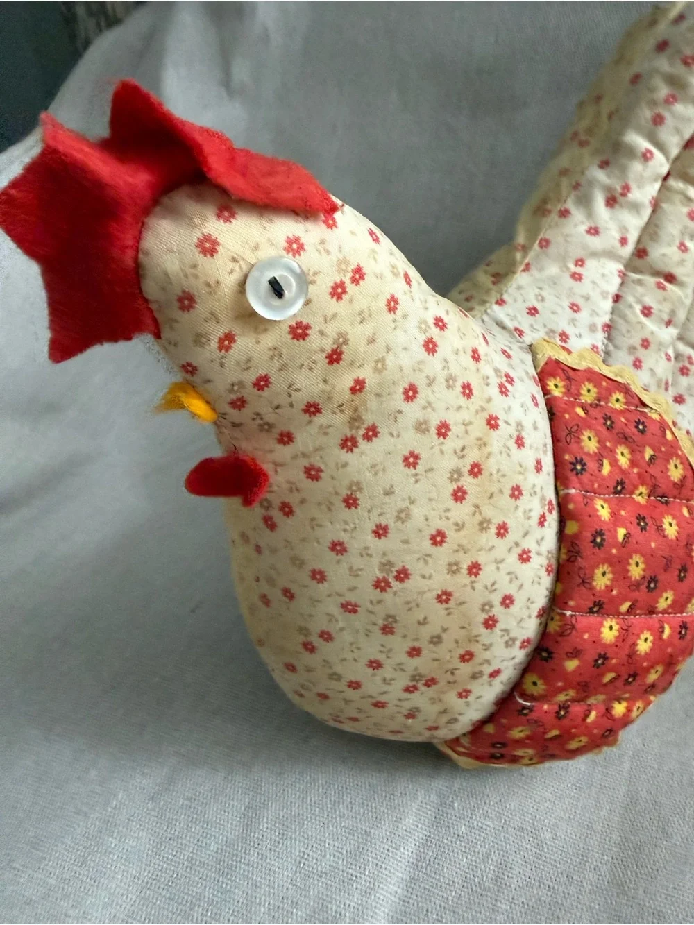 Handmade Red & Cream Fabric Chicken